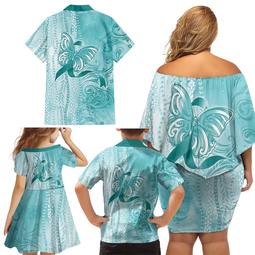 PTSD Awareness Family Matching Off Shoulder Short Dress and Hawaiian Shirt Maile Pikake Lokelani Crown Flower Lei Inspired
