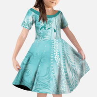 PTSD Awareness Kid Short Sleeve Dress Maile Pikake Lokelani Crown Flower Lei Inspired LT9 KID Teal - Polynesian Pride