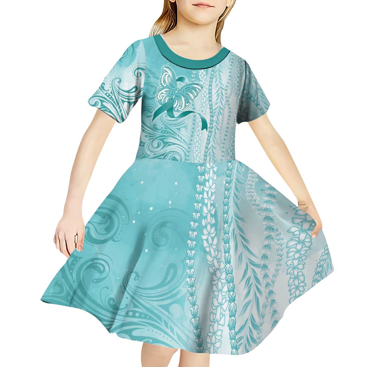 PTSD Awareness Kid Short Sleeve Dress Maile Pikake Lokelani Crown Flower Lei Inspired LT9 - Polynesian Pride
