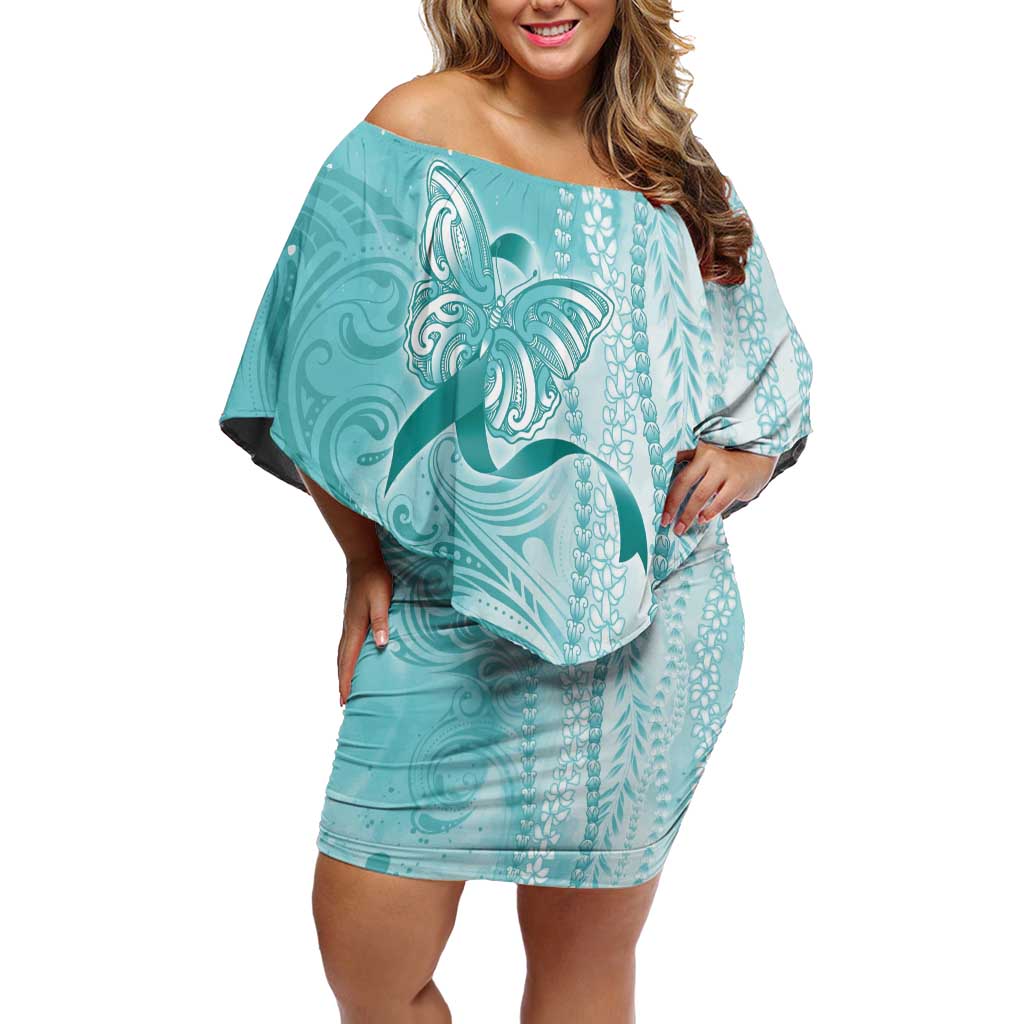 PTSD Awareness Off Shoulder Short Dress Maile Pikake Lokelani Crown Flower Lei Inspired LT9 Women Teal - Polynesian Pride