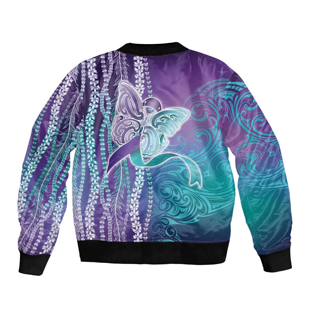 Suicide Prevention Awareness Bomber Jacket Maile Pikake Lokelani Crown Flower Lei Inspired