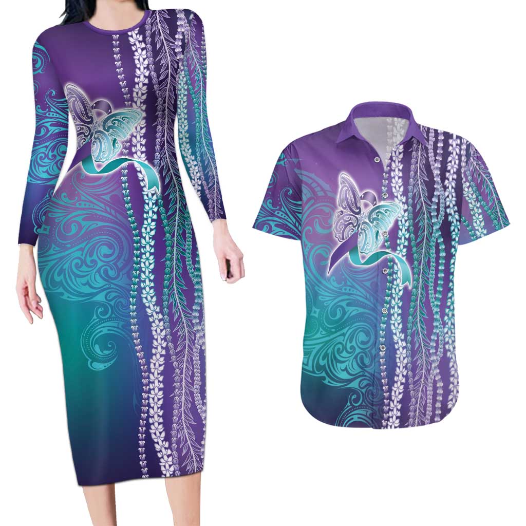 Suicide Prevention Awareness Couples Matching Long Sleeve Bodycon Dress and Hawaiian Shirt Maile Pikake Lokelani Crown Flower Lei Inspired