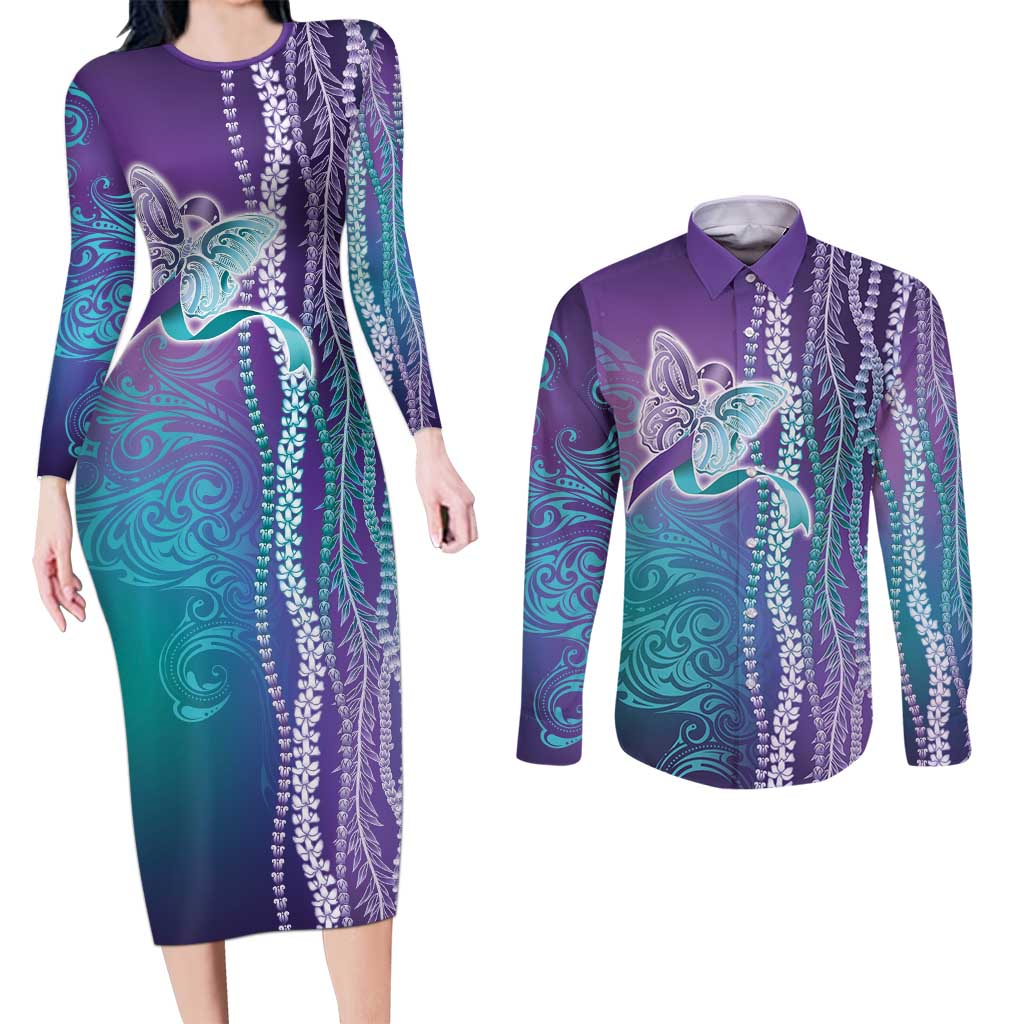 Suicide Prevention Awareness Couples Matching Long Sleeve Bodycon Dress and Long Sleeve Button Shirt Maile Pikake Lokelani Crown Flower Lei Inspired