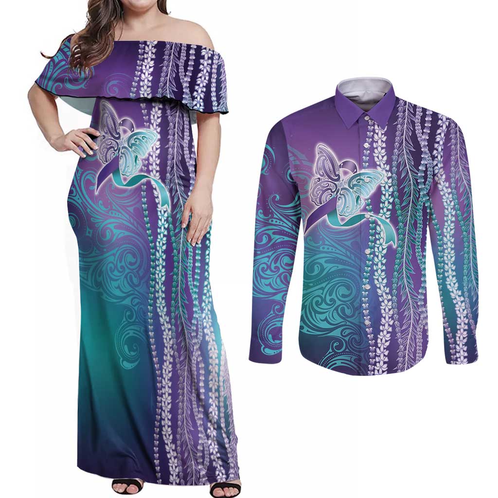 Suicide Prevention Awareness Couples Matching Off Shoulder Maxi Dress and Long Sleeve Button Shirt Maile Pikake Lokelani Crown Flower Lei Inspired