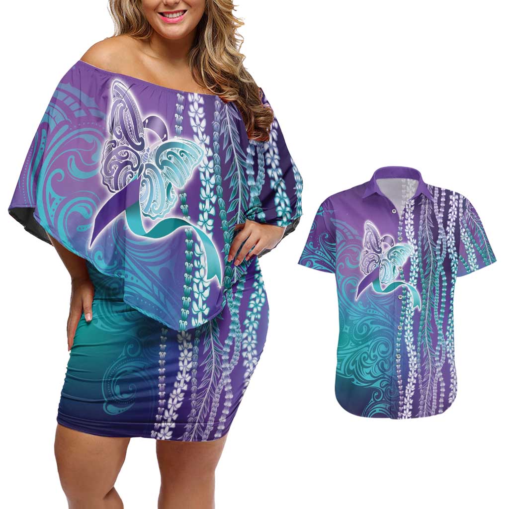 Suicide Prevention Awareness Couples Matching Off Shoulder Short Dress and Hawaiian Shirt Maile Pikake Lokelani Crown Flower Lei Inspired