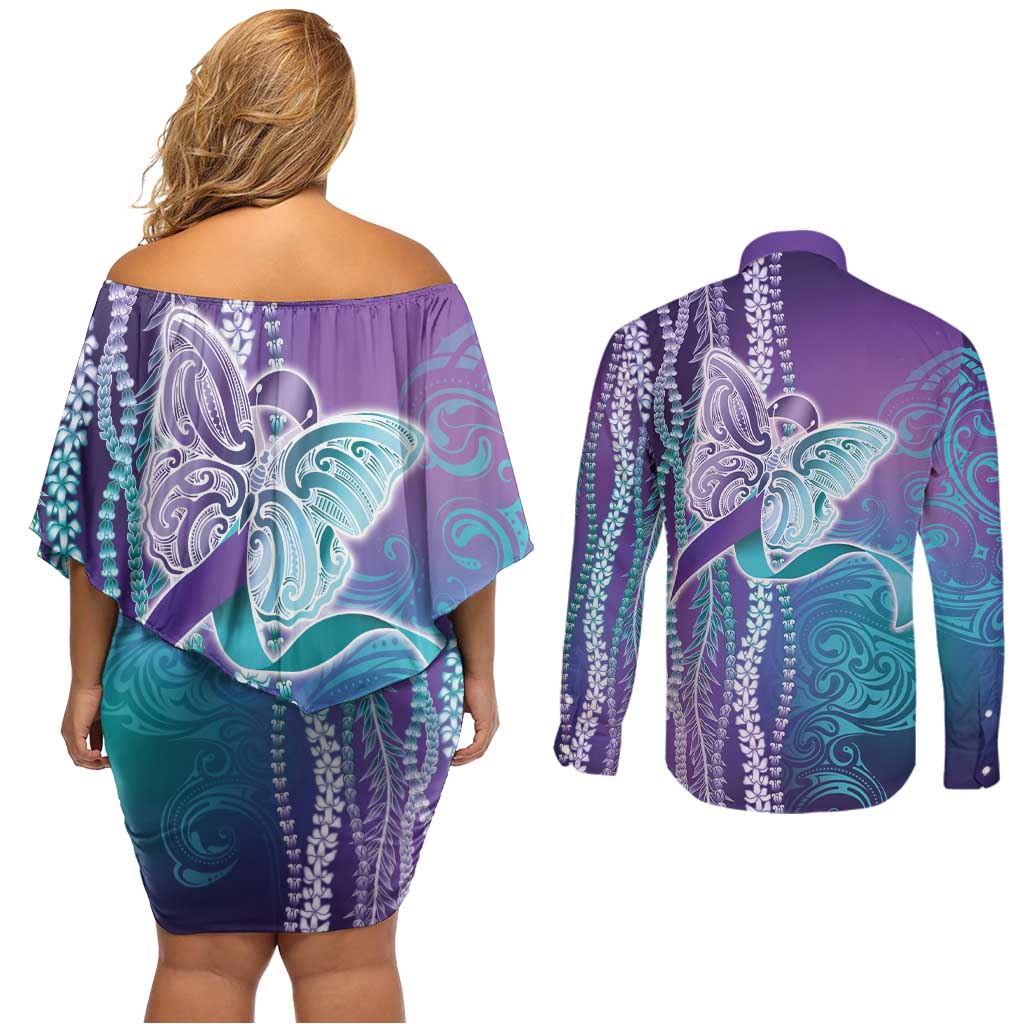 Suicide Prevention Awareness Couples Matching Off Shoulder Short Dress and Long Sleeve Button Shirt Maile Pikake Lokelani Crown Flower Lei Inspired