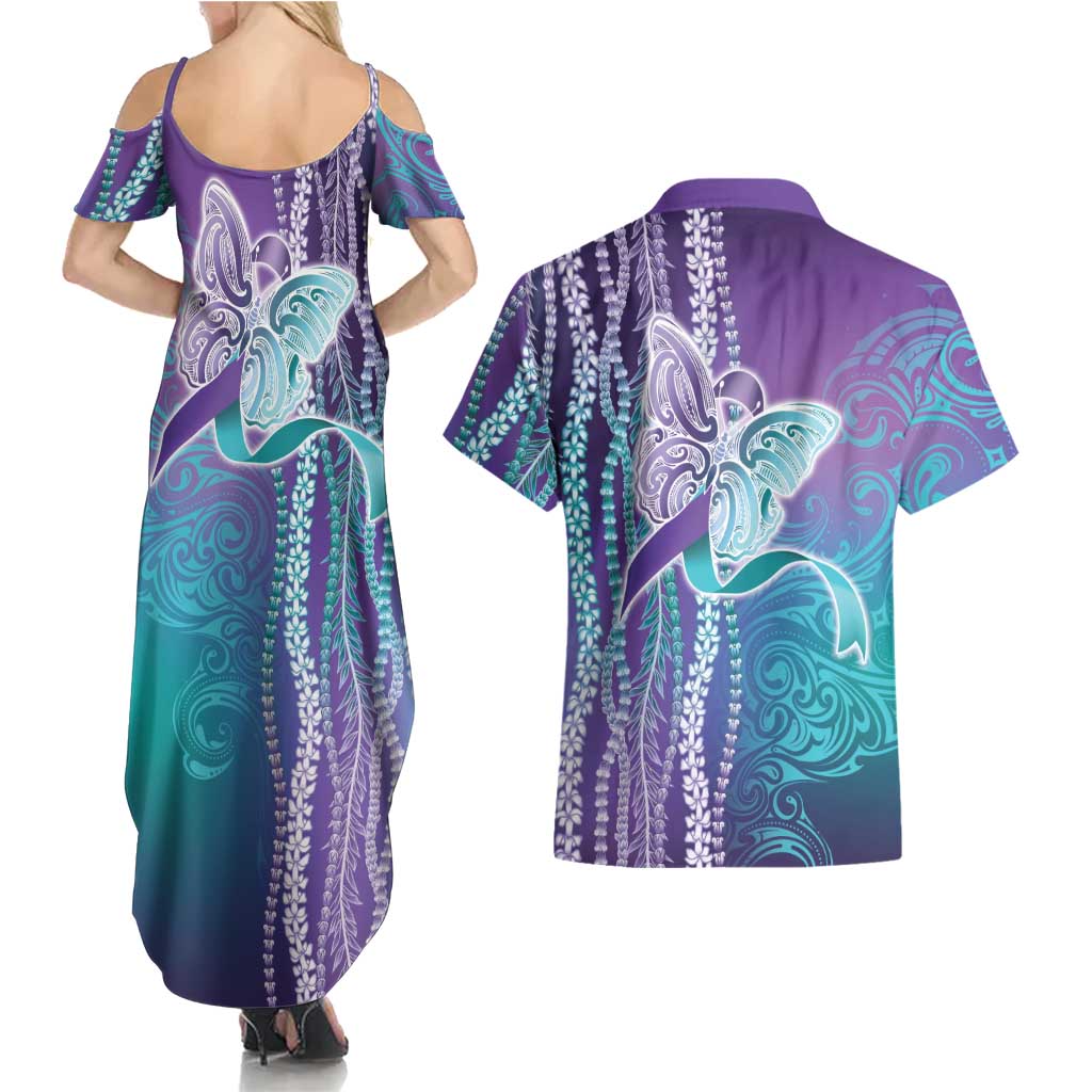 Suicide Prevention Awareness Couples Matching Summer Maxi Dress and Hawaiian Shirt Maile Pikake Lokelani Crown Flower Lei Inspired