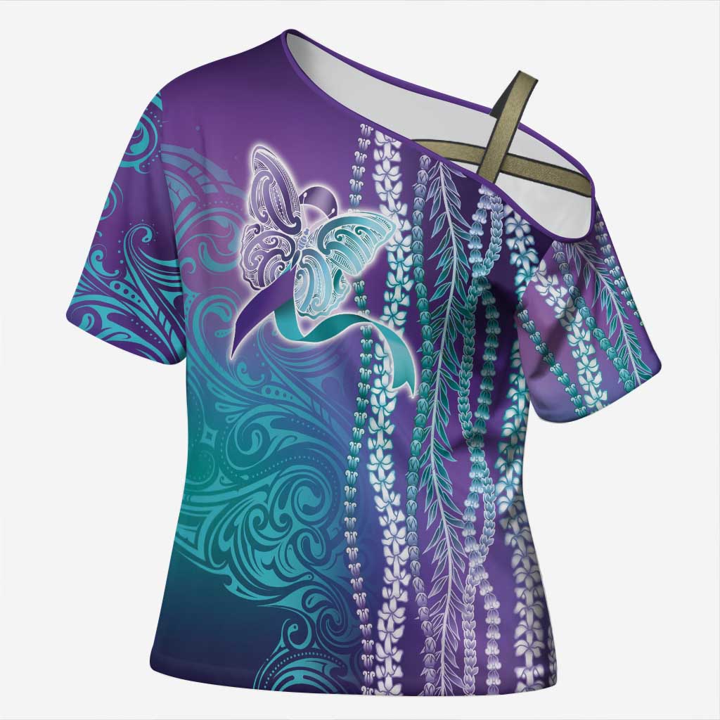 Suicide Prevention Awareness Cross Shoulder Shirt Maile Pikake Lokelani Crown Flower Lei Inspired LT9 Female Multicolor - Polynesian Pride