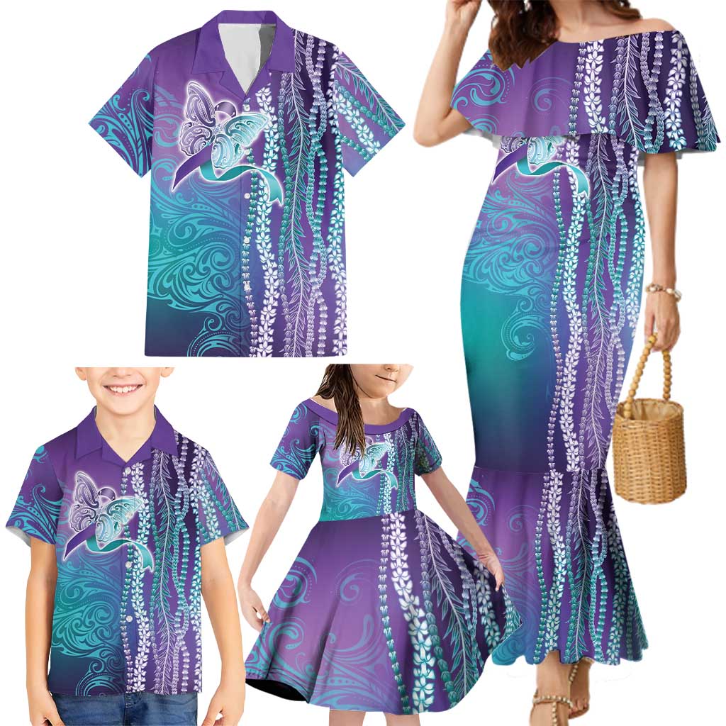 Suicide Prevention Awareness Family Matching Mermaid Dress and Hawaiian Shirt Maile Pikake Lokelani Crown Flower Lei Inspired