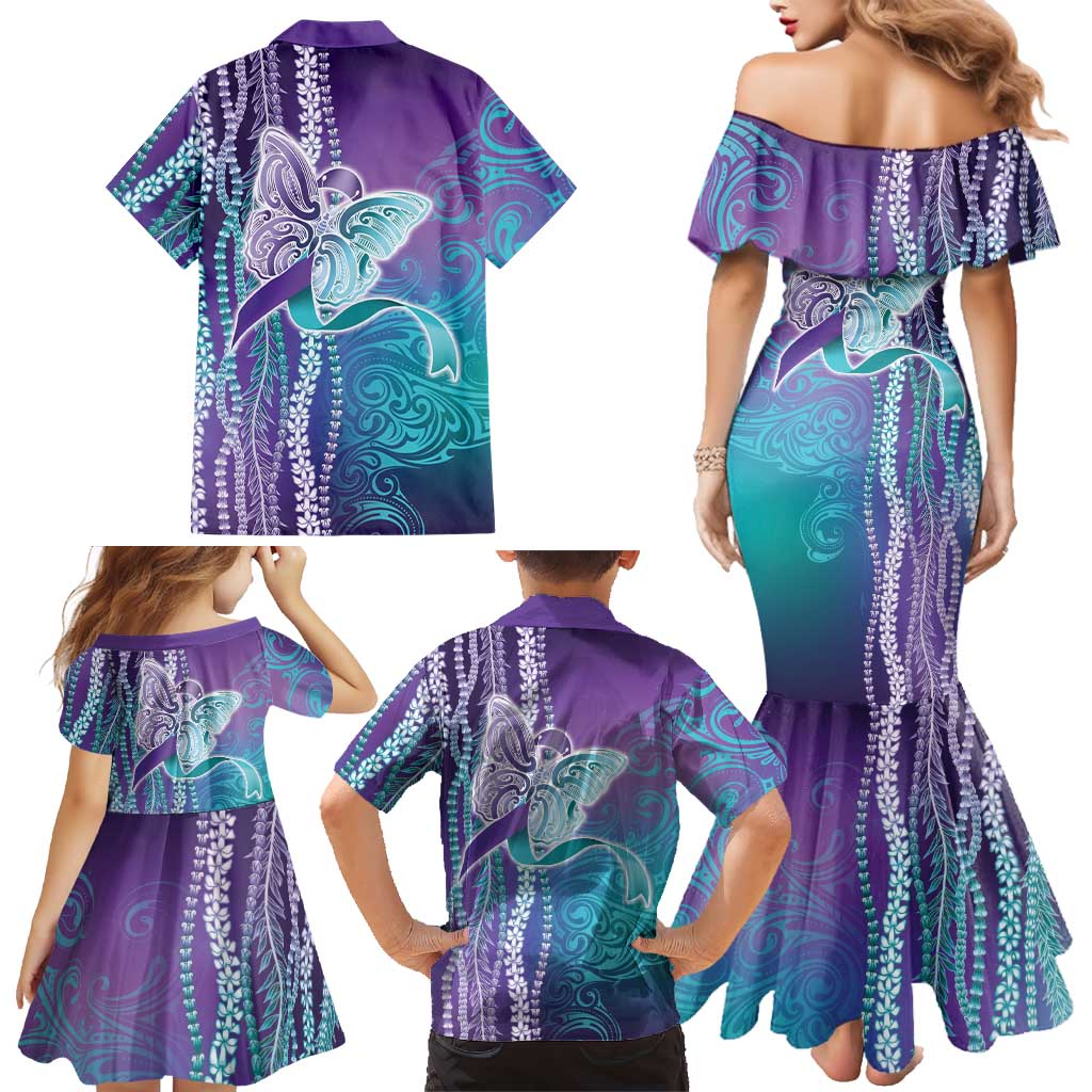 Suicide Prevention Awareness Family Matching Mermaid Dress and Hawaiian Shirt Maile Pikake Lokelani Crown Flower Lei Inspired