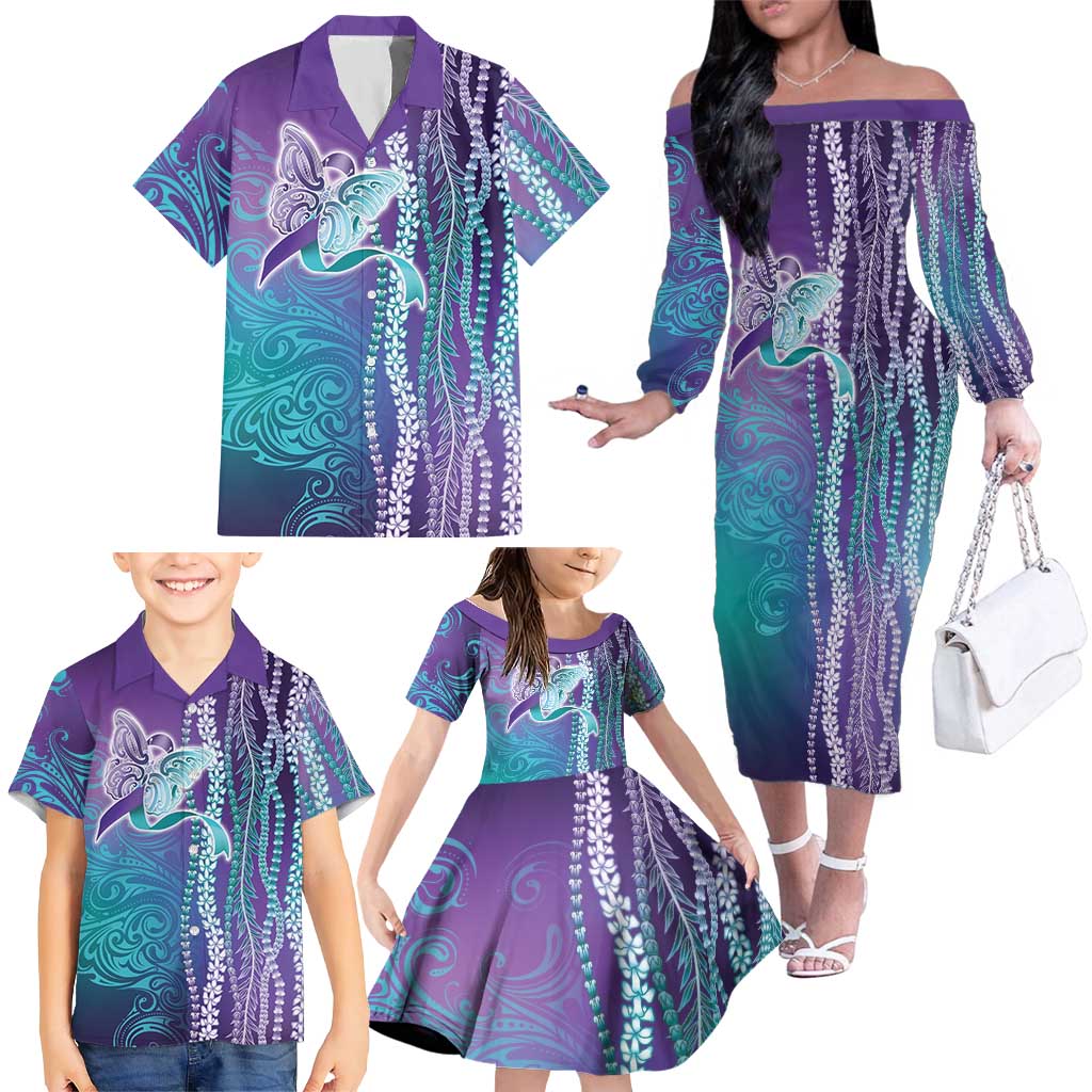 Suicide Prevention Awareness Family Matching Off The Shoulder Long Sleeve Dress and Hawaiian Shirt Maile Pikake Lokelani Crown Flower Lei Inspired
