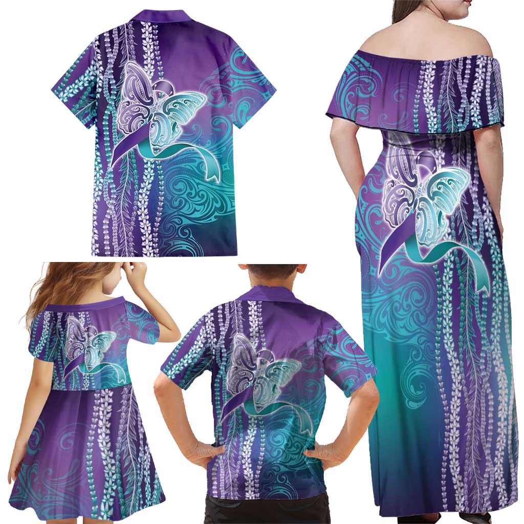 Suicide Prevention Awareness Family Matching Off Shoulder Maxi Dress and Hawaiian Shirt Maile Pikake Lokelani Crown Flower Lei Inspired