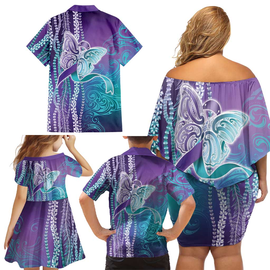 Suicide Prevention Awareness Family Matching Off Shoulder Short Dress and Hawaiian Shirt Maile Pikake Lokelani Crown Flower Lei Inspired