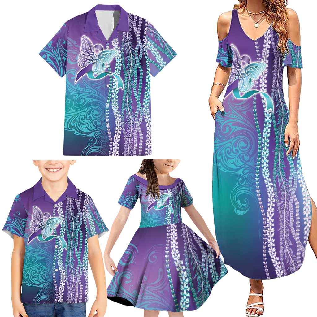 Suicide Prevention Awareness Family Matching Summer Maxi Dress and Hawaiian Shirt Maile Pikake Lokelani Crown Flower Lei Inspired
