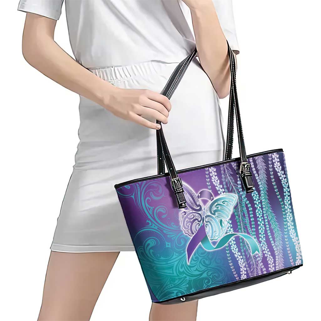 Suicide Prevention Awareness Leather Tote Bag Maile Pikake Lokelani Crown Flower Lei Inspired