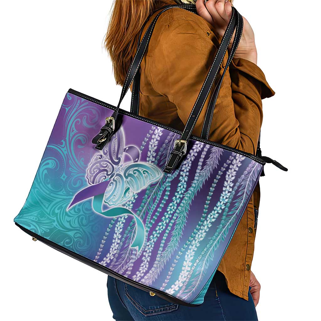 Suicide Prevention Awareness Leather Tote Bag Maile Pikake Lokelani Crown Flower Lei Inspired