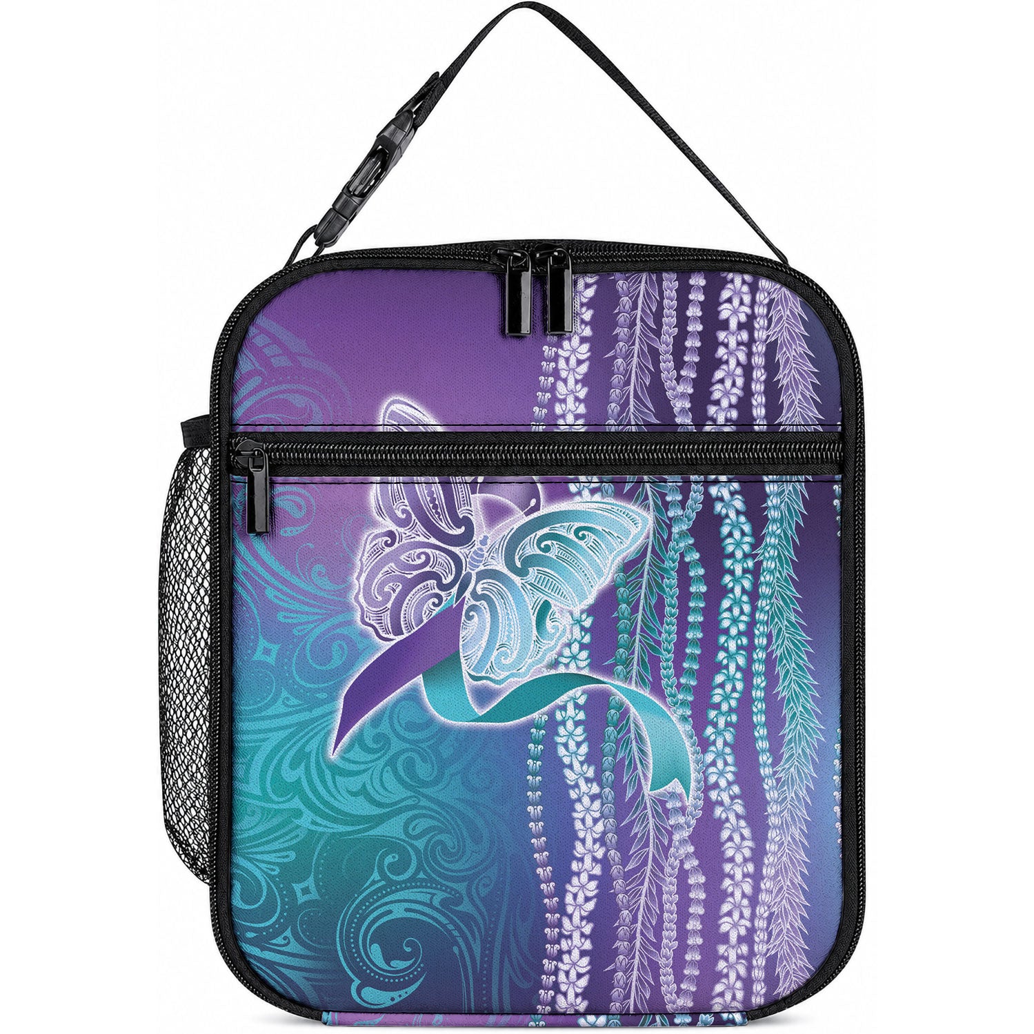 Suicide Prevention Support Lunch Bag Maile Pikake Lokelani Crown Flower Lei Inspired LT9 10.2 × 8.3 × 4.3 inch Blue - Polynesian Pride