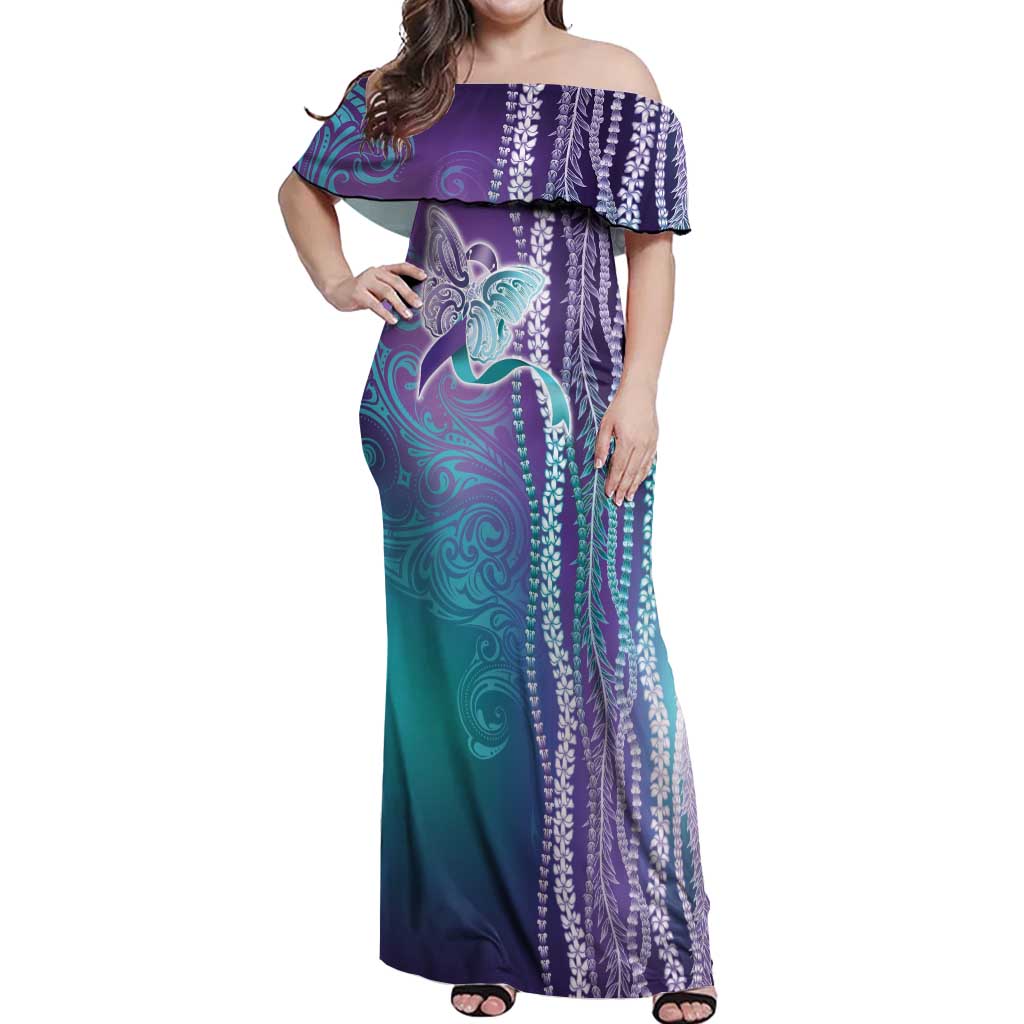 Suicide Prevention Awareness Off Shoulder Maxi Dress Maile Pikake Lokelani Crown Flower Lei Inspired LT9 Women Multicolor - Polynesian Pride