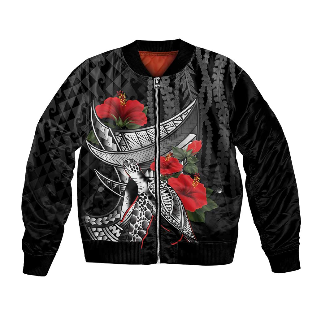 Hawaiian Honu Personalized Bomber Jacket Black Tribal Hook Pattern