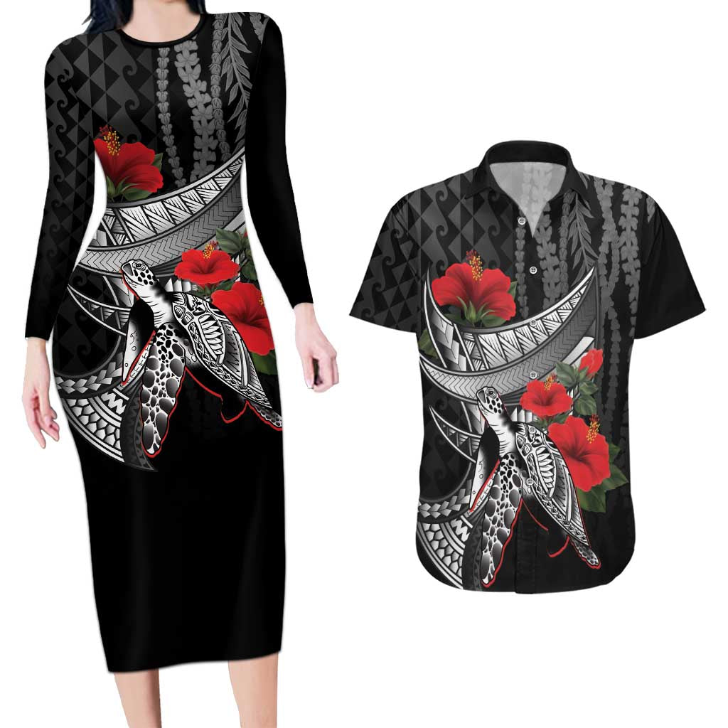 Hawaiian Honu Personalized Couples Matching Long Sleeve Bodycon Dress and Hawaiian Shirt Black Tribal Hook Pattern LT9 Black - Polynesian Pride