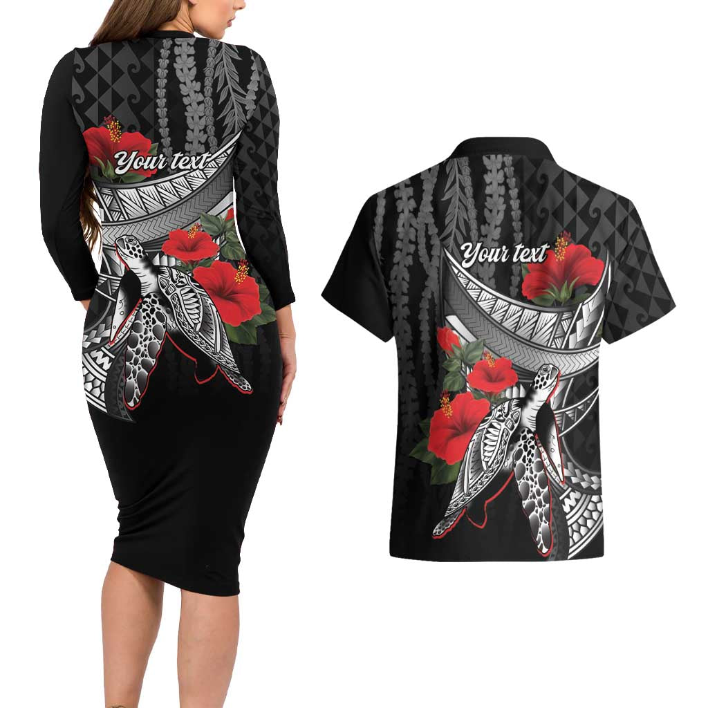 Hawaiian Honu Personalized Couples Matching Long Sleeve Bodycon Dress and Hawaiian Shirt Black Tribal Hook Pattern