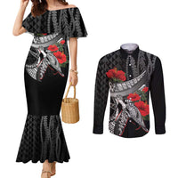 Hawaiian Honu Personalized Couples Matching Mermaid Dress and Long Sleeve Button Shirt Black Tribal Hook Pattern LT9 Black - Polynesian Pride