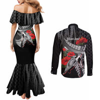 Hawaiian Honu Personalized Couples Matching Mermaid Dress and Long Sleeve Button Shirt Black Tribal Hook Pattern LT9 - Polynesian Pride