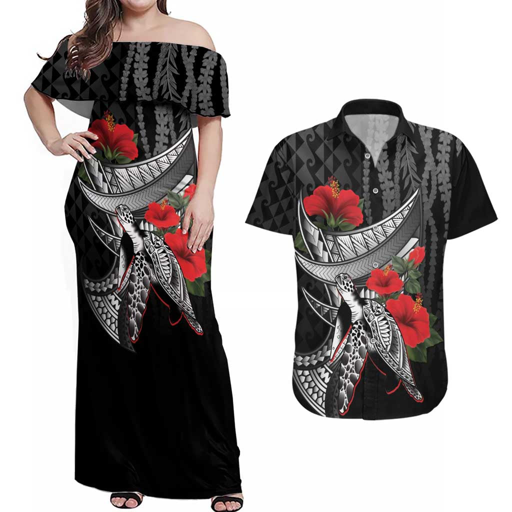 Hawaiian Honu Personalized Couples Matching Off Shoulder Maxi Dress and Hawaiian Shirt Black Tribal Hook Pattern LT9 Black - Polynesian Pride