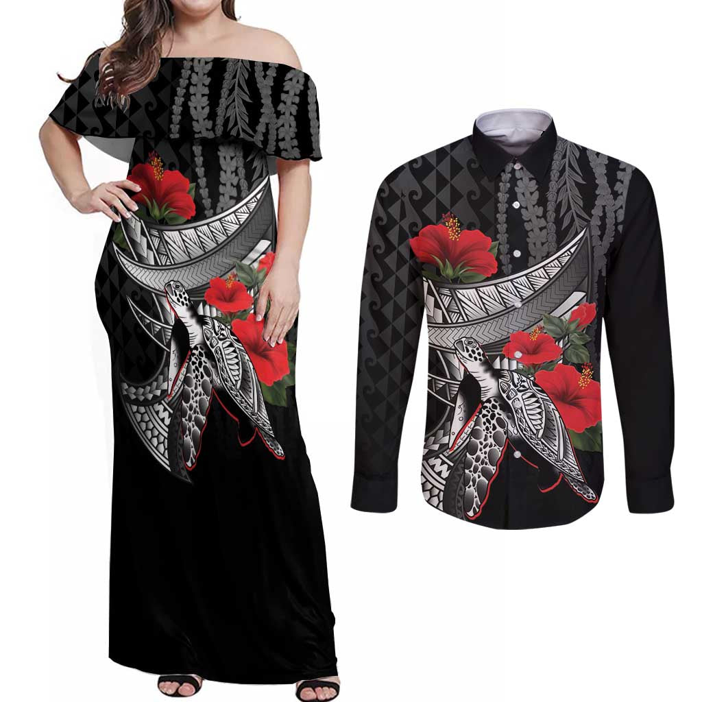 Hawaiian Honu Personalized Couples Matching Off Shoulder Maxi Dress and Long Sleeve Button Shirt Black Tribal Hook Pattern