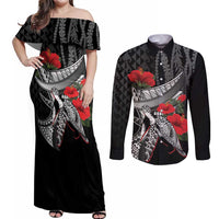 Hawaiian Honu Personalized Couples Matching Off Shoulder Maxi Dress and Long Sleeve Button Shirt Black Tribal Hook Pattern