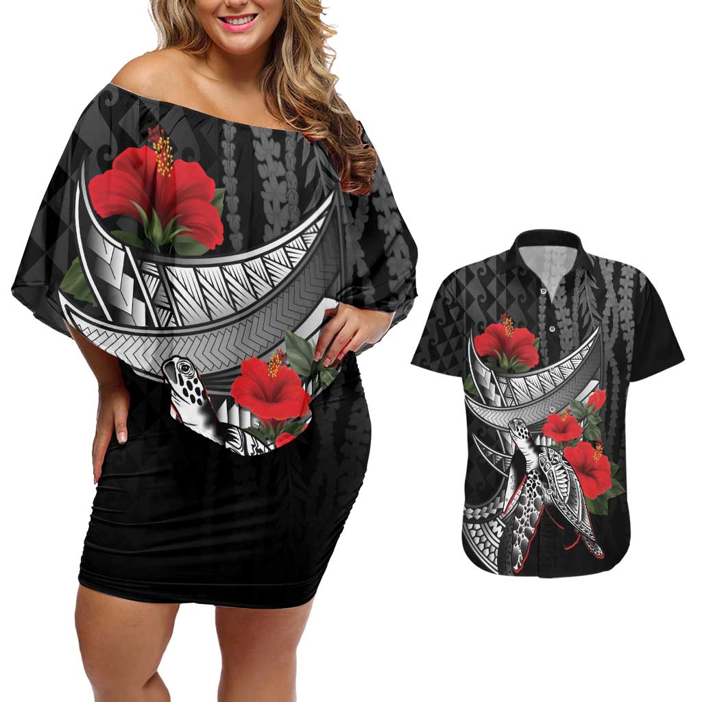 Hawaiian Honu Personalized Couples Matching Off Shoulder Short Dress and Hawaiian Shirt Black Tribal Hook Pattern