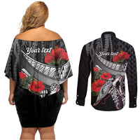 Hawaiian Honu Personalized Couples Matching Off Shoulder Short Dress and Long Sleeve Button Shirt Black Tribal Hook Pattern