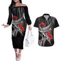 Hawaiian Honu Personalized Couples Matching Off The Shoulder Long Sleeve Dress and Hawaiian Shirt Black Tribal Hook Pattern