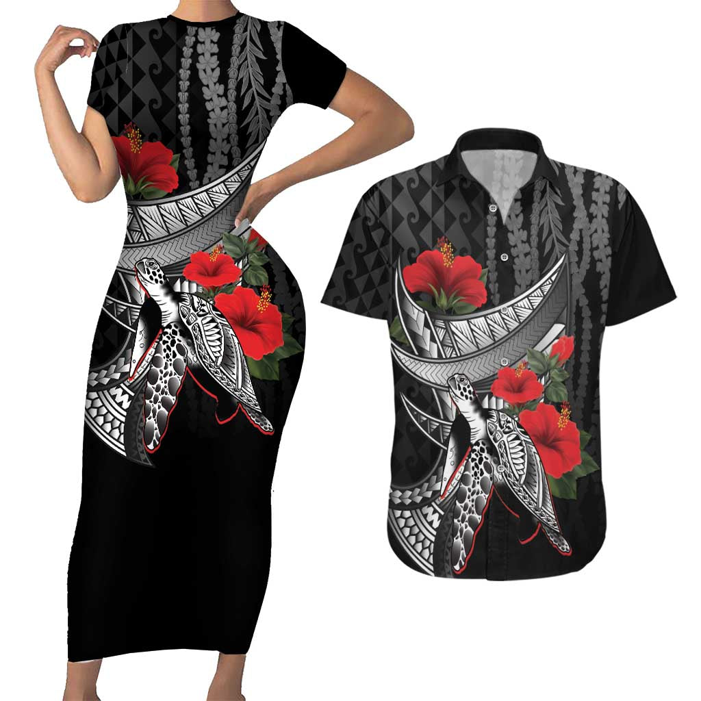 Hawaiian Honu Personalized Couples Matching Short Sleeve Bodycon Dress and Hawaiian Shirt Black Tribal Hook Pattern LT9 Black - Polynesian Pride