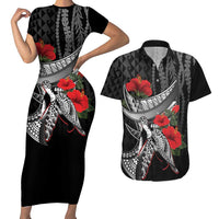 Hawaiian Honu Personalized Couples Matching Short Sleeve Bodycon Dress and Hawaiian Shirt Black Tribal Hook Pattern