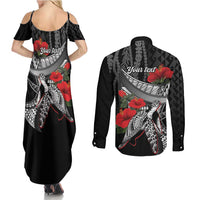 Hawaiian Honu Personalized Couples Matching Summer Maxi Dress and Long Sleeve Button Shirt Black Tribal Hook Pattern