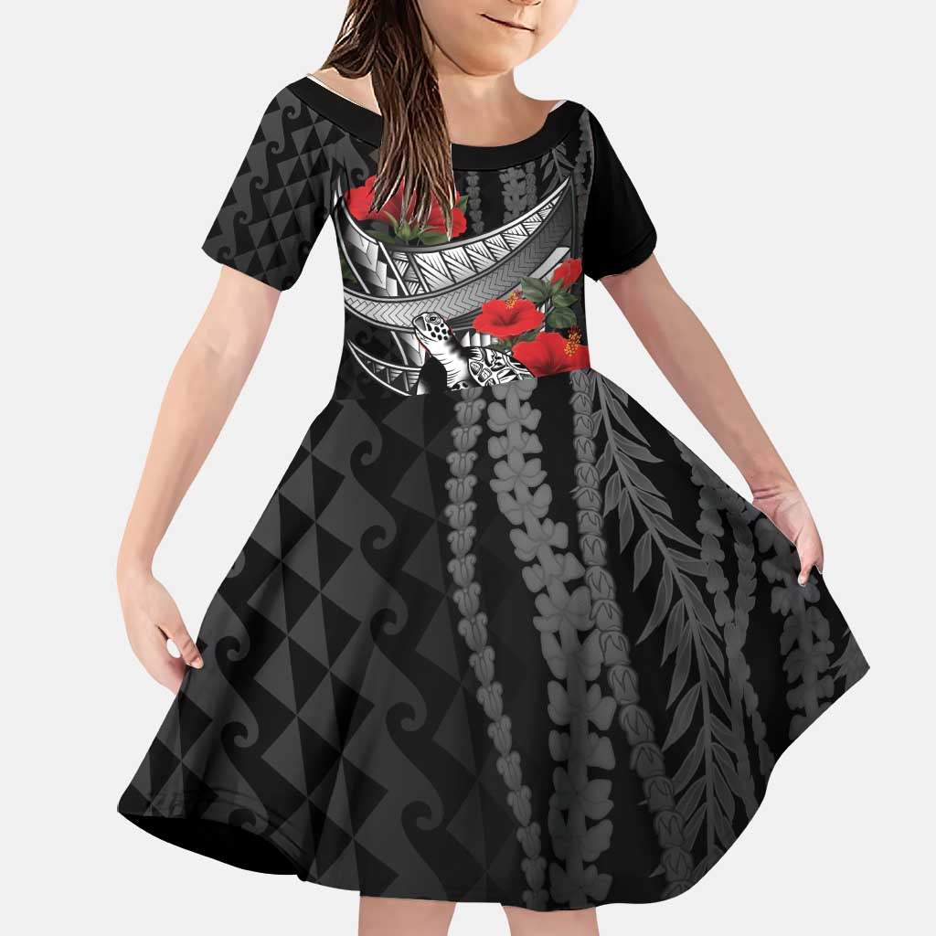 Hawaiian Honu Personalized Family Matching Long Sleeve Bodycon Dress and Hawaiian Shirt Black Tribal Hook Pattern LT9 Daughter's Dress Black - Polynesian Pride