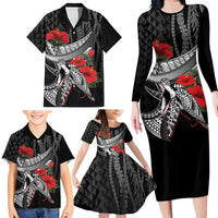 Hawaiian Honu Personalized Family Matching Long Sleeve Bodycon Dress and Hawaiian Shirt Black Tribal Hook Pattern LT9 - Polynesian Pride