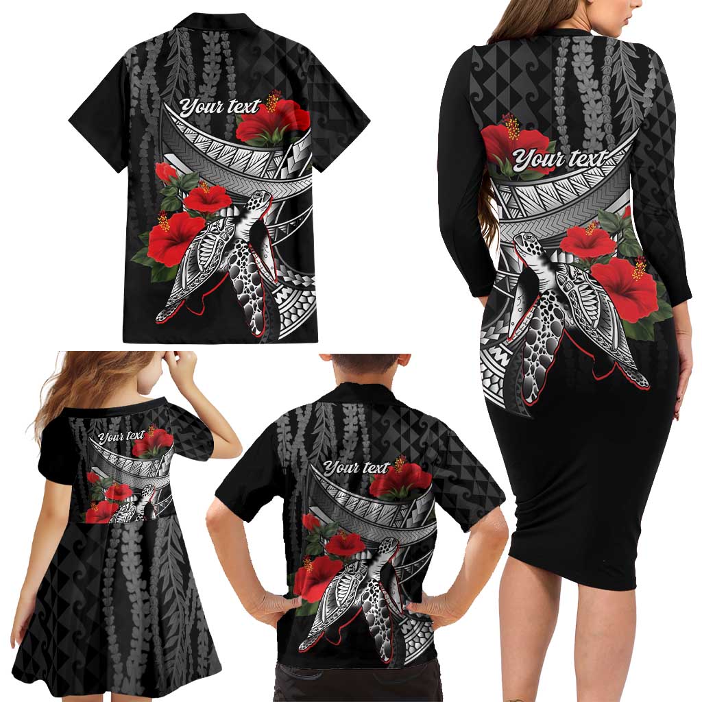 Hawaiian Honu Personalized Family Matching Long Sleeve Bodycon Dress and Hawaiian Shirt Black Tribal Hook Pattern LT9 - Polynesian Pride