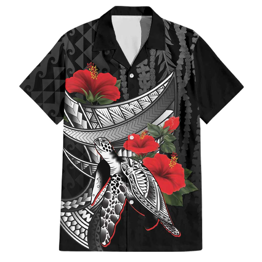 Hawaiian Honu Personalized Family Matching Long Sleeve Bodycon Dress and Hawaiian Shirt Black Tribal Hook Pattern LT9 Dad's Shirt - Short Sleeve Black - Polynesian Pride