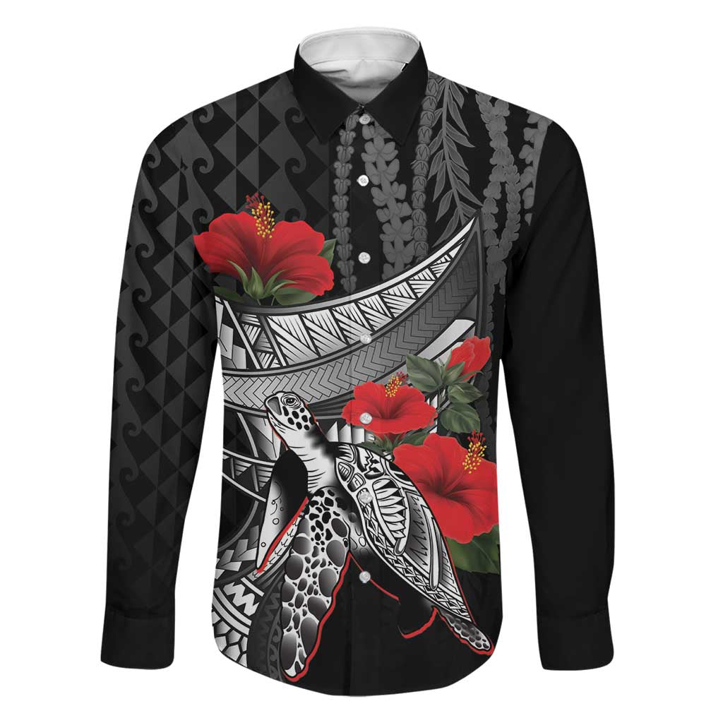 Hawaiian Honu Personalized Family Matching Long Sleeve Bodycon Dress and Hawaiian Shirt Black Tribal Hook Pattern LT9 Dad's Shirt - Long Sleeve Black - Polynesian Pride