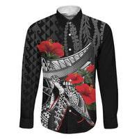 Hawaiian Honu Personalized Family Matching Long Sleeve Bodycon Dress and Hawaiian Shirt Black Tribal Hook Pattern LT9 Dad's Shirt - Long Sleeve Black - Polynesian Pride