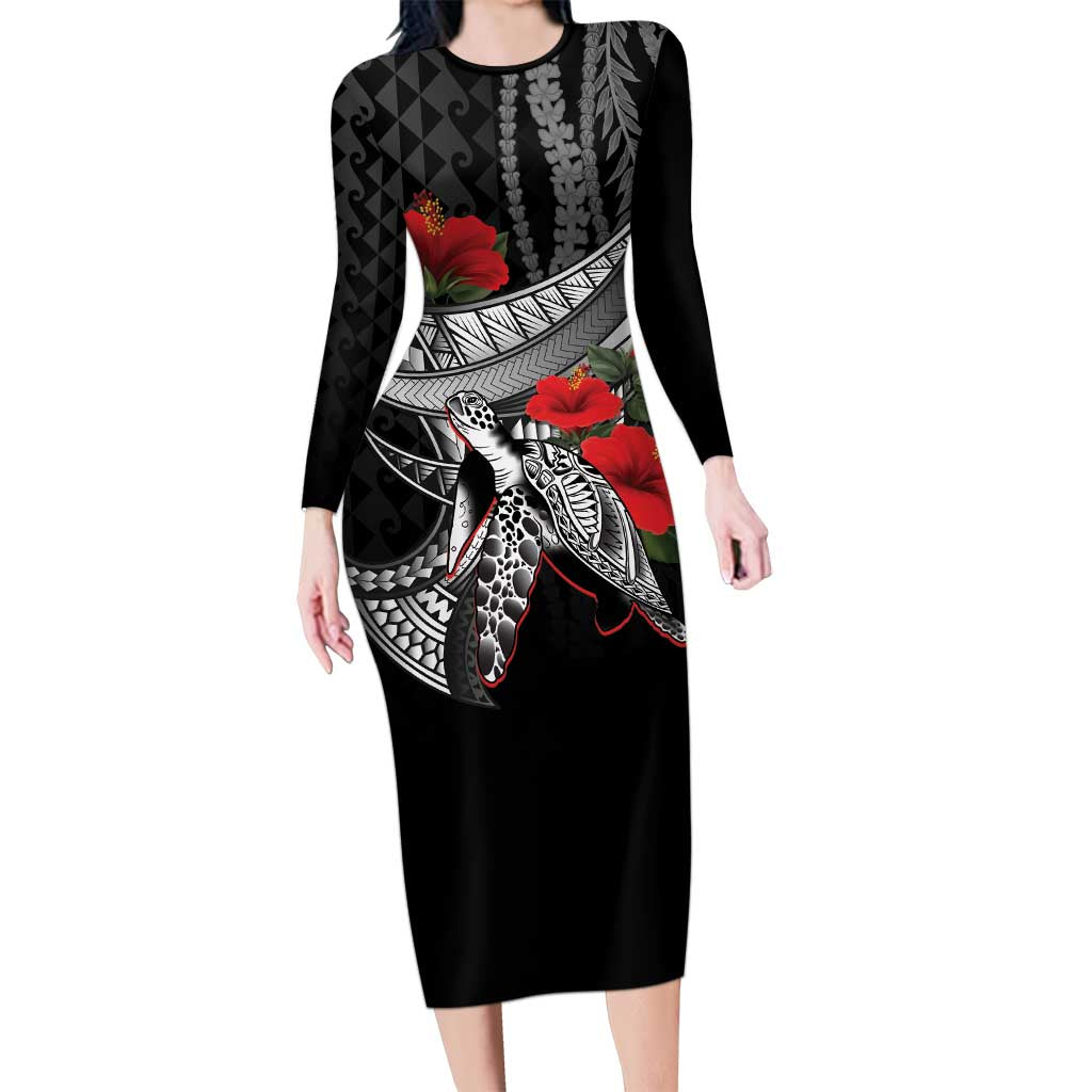 Hawaiian Honu Personalized Family Matching Long Sleeve Bodycon Dress and Hawaiian Shirt Black Tribal Hook Pattern LT9 Mom's Dress Black - Polynesian Pride