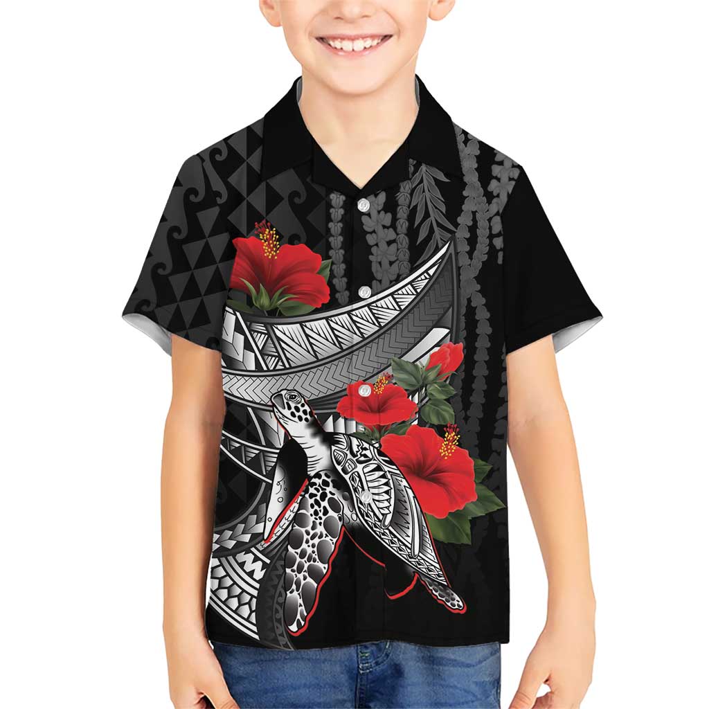Hawaiian Honu Personalized Family Matching Long Sleeve Bodycon Dress and Hawaiian Shirt Black Tribal Hook Pattern LT9 Son's Shirt Black - Polynesian Pride