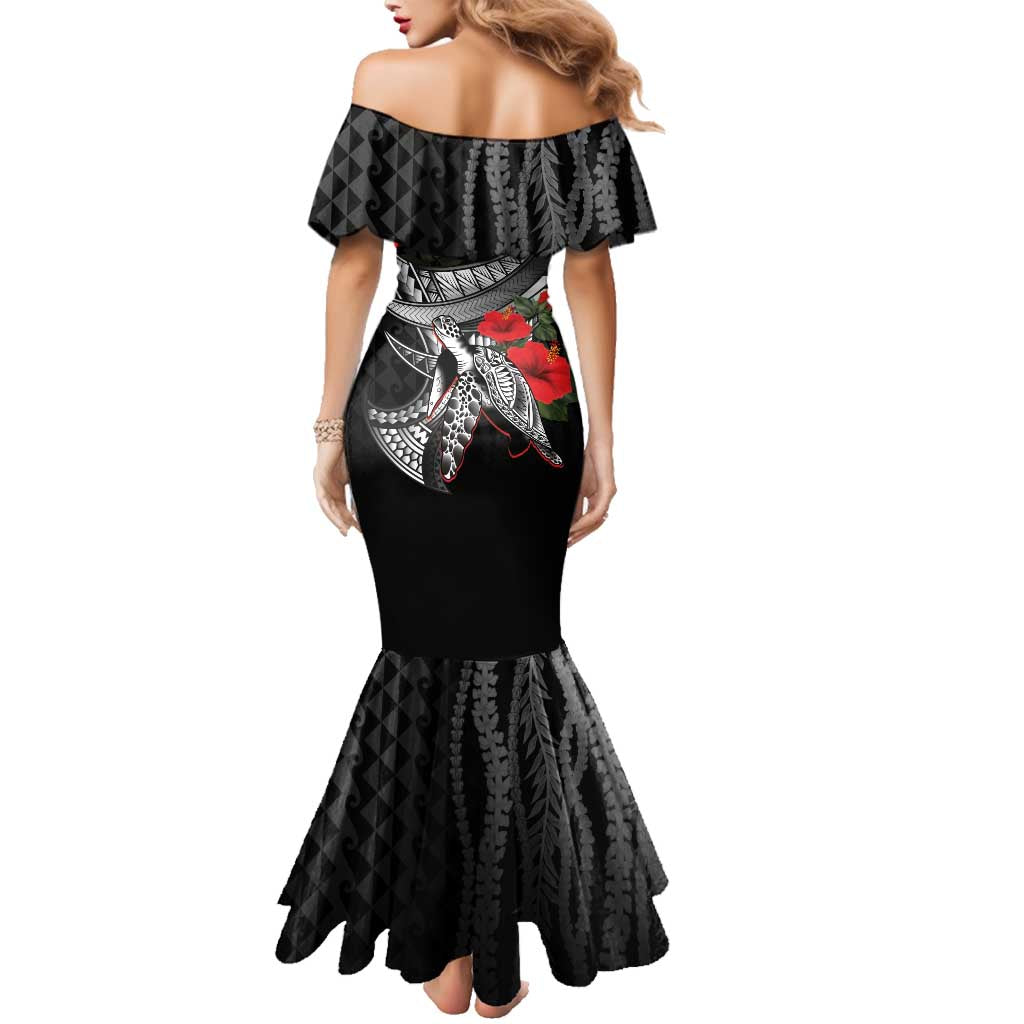 Hawaiian Honu Personalized Family Matching Mermaid Dress and Hawaiian Shirt Black Tribal Hook Pattern