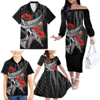 Hawaiian Honu Personalized Family Matching Off The Shoulder Long Sleeve Dress and Hawaiian Shirt Black Tribal Hook Pattern