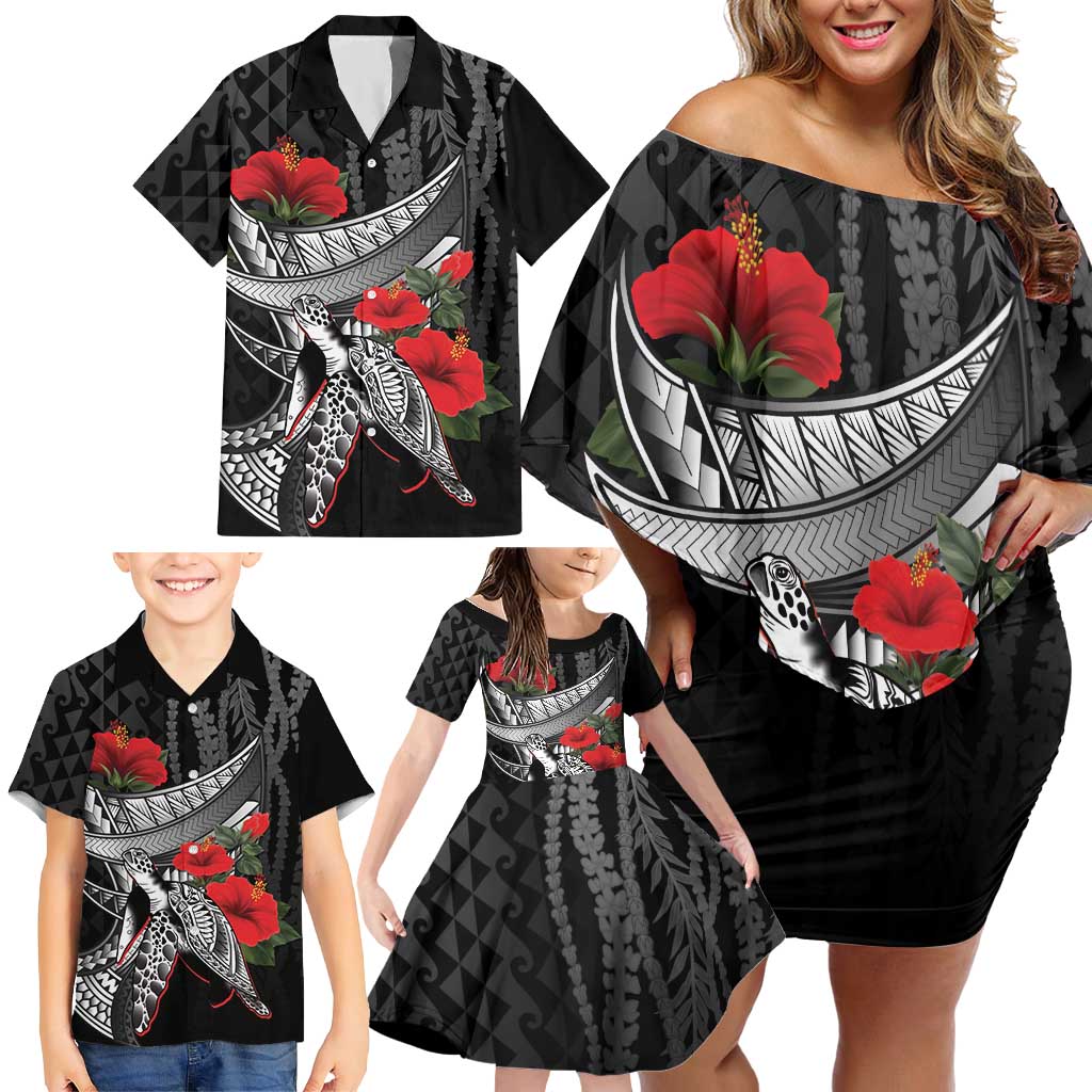 Hawaiian Honu Personalized Family Matching Off Shoulder Short Dress and Hawaiian Shirt Black Tribal Hook Pattern