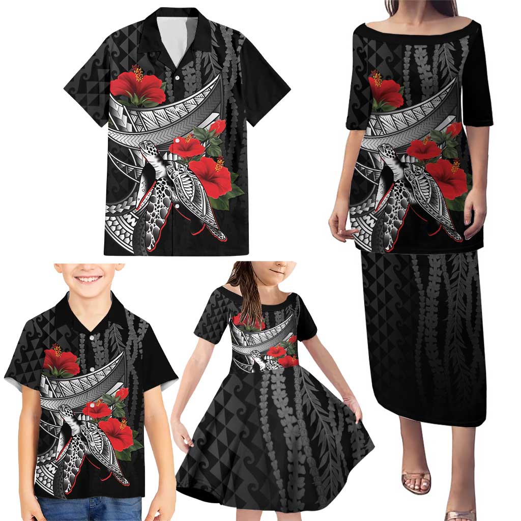 Hawaiian Honu Personalized Family Matching Puletasi and Hawaiian Shirt Black Tribal Hook Pattern