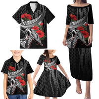Hawaiian Honu Personalized Family Matching Puletasi and Hawaiian Shirt Black Tribal Hook Pattern