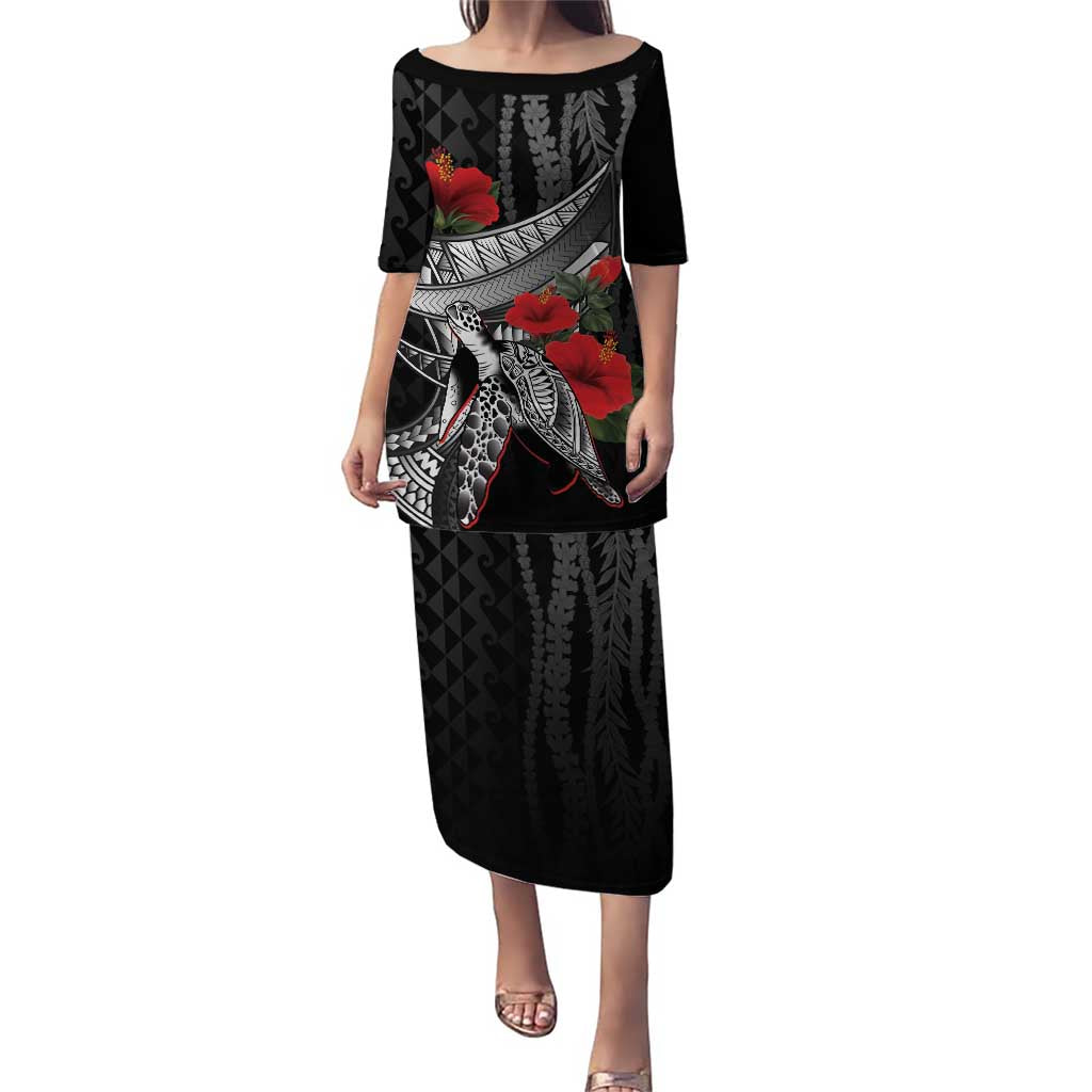 Hawaiian Honu Personalized Family Matching Puletasi and Hawaiian Shirt Black Tribal Hook Pattern